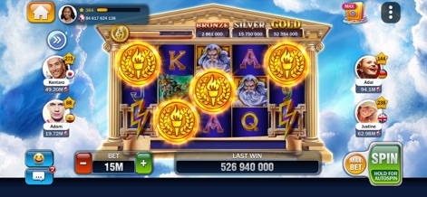 Billionaire Casino Slots 777 - The app presents a mythological slot theme, featuring symbols of ancient gods and lightning bolts, alongside distinct 'BRONZE', 'SILVER', and 'GOLD' jackpot tiers.