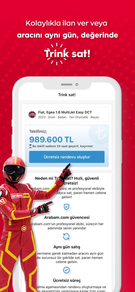 arabam.com - Nutzer erhalten ein konkretes Verkaufsangebot für ihr Fahrzeug, komplett mit dem markanten Preis von 989.600 TL und der Möglichkeit, einen kostenlosen Termin zu vereinbaren.