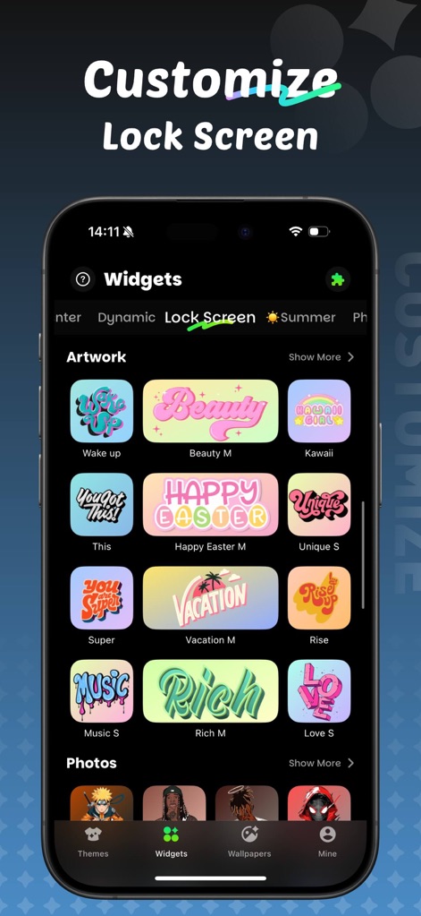 iThemes - Easy Widgets & Icons - Design your lock screen with an array of artistic widgets, ranging from vibrant 'Kawaii' styles to inspiring quote artwork.