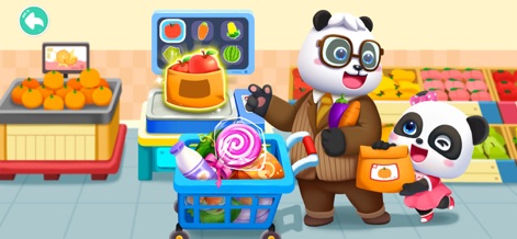 Baby Panda's Supermarket - La aplicación permite a los usuarios interactuar con productos frescos, como la balanza para pesar manzanas, y llenar su carrito de compras con una variedad de víveres coloridos.