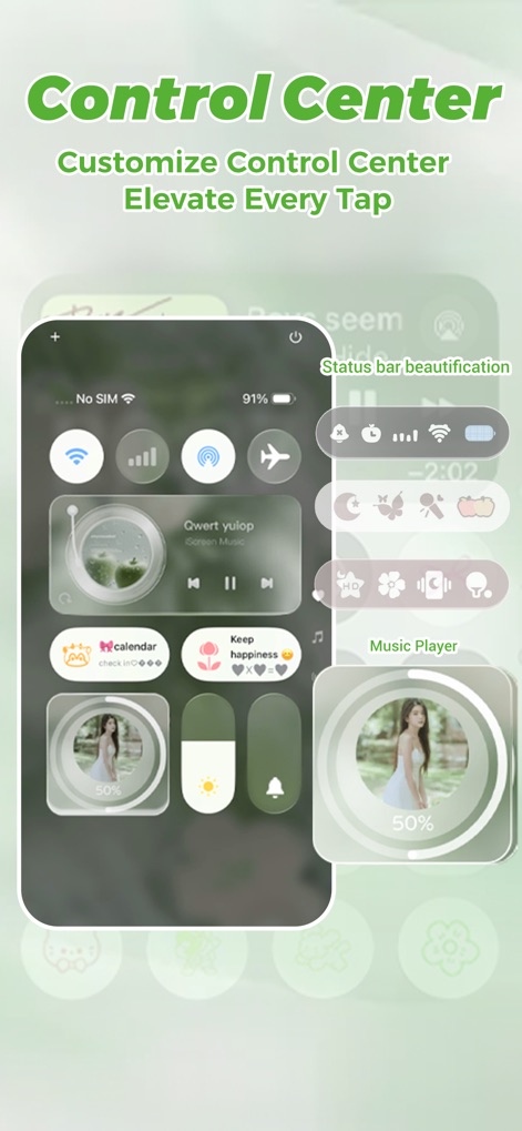 Dynamic Dash - Widget & Theme - このアプリでは、透明感のある背景を持つ「カスタマイズされたコントロールセンター」と、洗練されたデザインの「ステータスバーの美化」を実現し、ユーザーのデバイスを魅力的に変身させます。