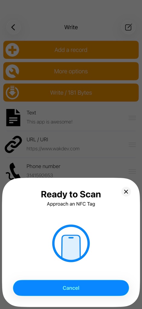 NFC Tools - Al iniciar una operación de escritura, la aplicación presenta una ventana emergente 'Ready to Scan' con un ícono claro de teléfono, indicando a los usuarios que acerquen un tag NFC para proceder.