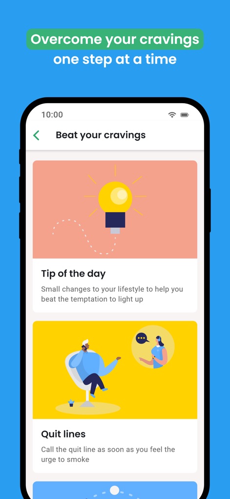 QuitNow! - Esta tela oferece estratégias eficazes para superar a vontade de fumar, apresentando uma "Dica do Dia" para mudanças no estilo de vida e opções de "Linhas de Apoio" para momentos críticos.
