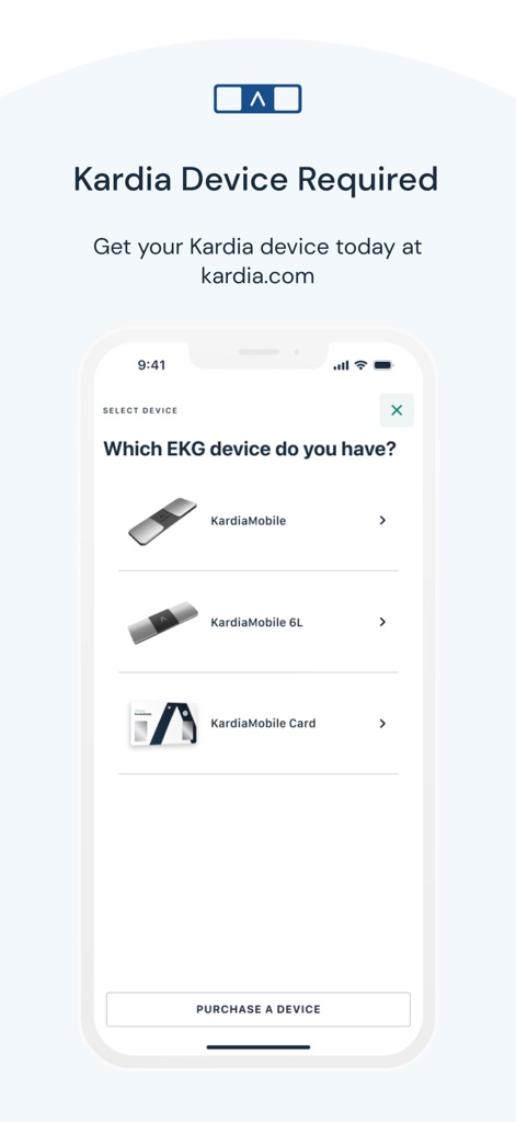 Kardia - This screen clarifies the necessary hardware by displaying a selection of compatible Kardia EKG devices and offers a direct option to purchase a device.