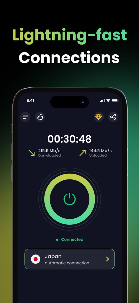 Bear VPN - Fast VPN Proxy - Cette vue met en évidence les débits de téléchargement et d'envoi en temps réel, complétés par un chronomètre précis affichant la durée de connexion.