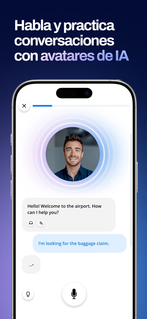 Master English - Users can engage in realistic dialogues with AI avatars, practicing common scenarios like airport interactions and receiving interactive chat responses.