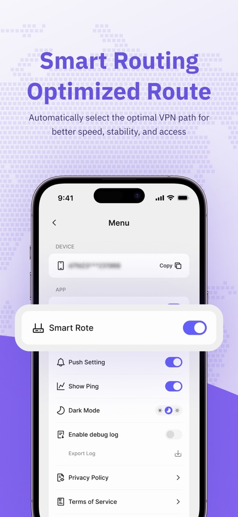 SpeedTop VPN: Fast & Secure - Delve into the app's comprehensive settings menu, revealing an intuitive arrangement of diverse configuration options, including the prominent "Smart Route" toggle for an optimized connection.