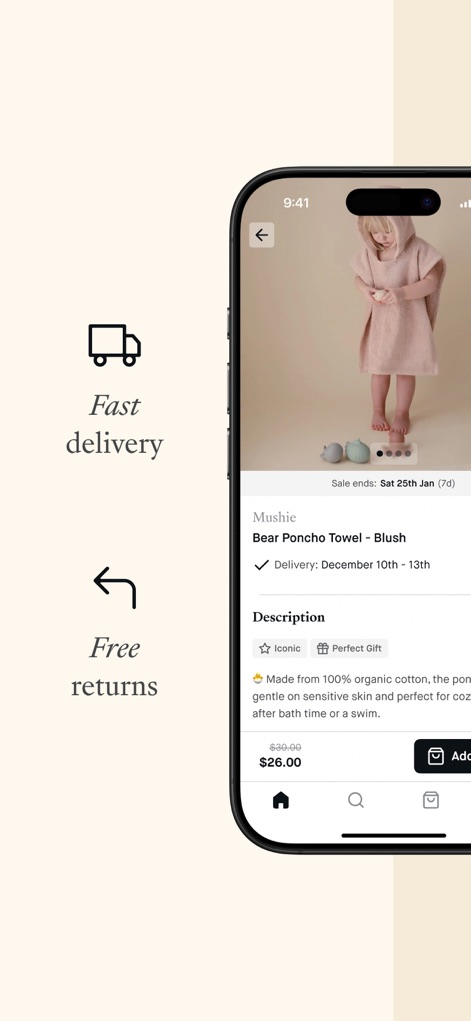 Choose: Daily Discovery - Users benefit from prominent features like "Fast delivery" and "Free returns," ensuring a hassle-free shopping journey with clear product pricing and estimated delivery dates.