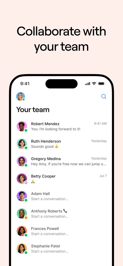 Quo (formerly OpenPhone) - This view highlights the centralized team directory and the ability to initiate direct conversations with colleagues for enhanced internal communication.