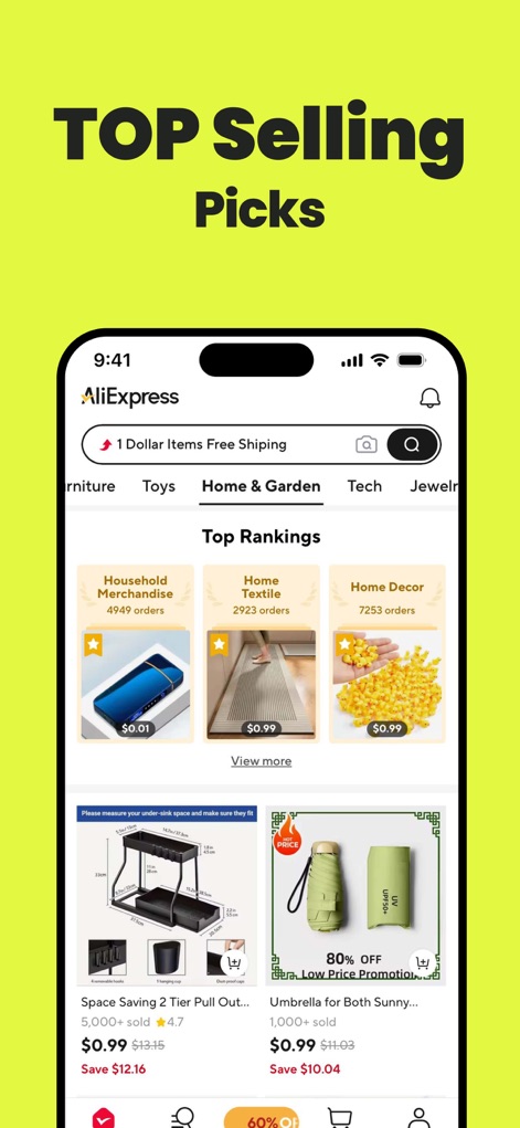 AliExpress - Shopping App - Browse the "TOP Selling Picks" section, featuring "Top Rankings" in categories like "Household Merchandise" and "Home Textile" with highly popular and affordable items.