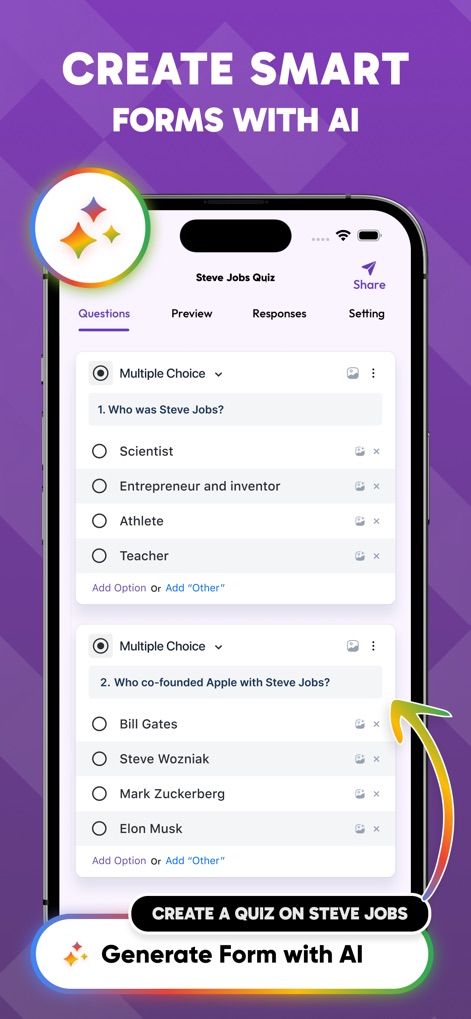 Form For Google Forms & Docs - Experience the power of AI to generate forms, as seen with the 'Steve Jobs Quiz' and the prominent 'Generate Form with AI' button.