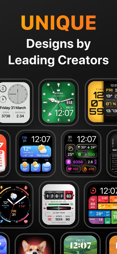 Watch Faces & Widgets Gallery - Explore the app's commitment to unique designs from leading creators, showcasing a diverse grid of styles and functional complications like steps and weather.