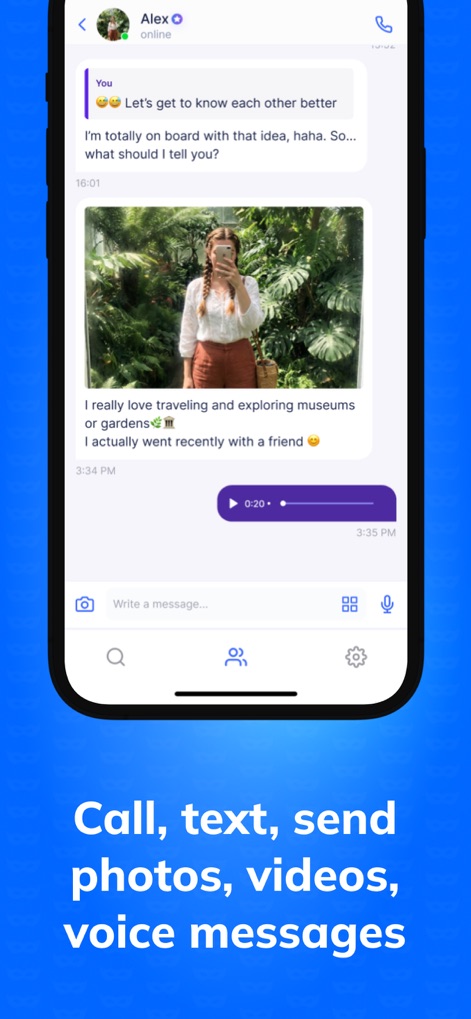Social Chat: Make New Friends - This screenshot highlights the app's dynamic chat interface, demonstrating rich multimedia messaging options for sending photos, voice messages, and text.