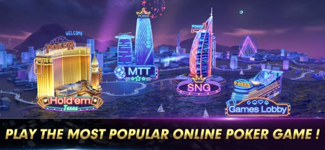 Texas Poker:Texas Holdem Game - A captura apresenta um cenário urbano futurístico com edifícios temáticos de poker como "Hold'em Texas" e o arranha-céu "MTT", iluminados por neon.