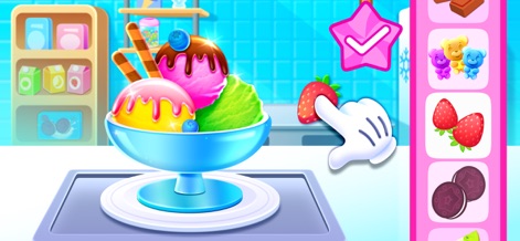 Ice Cream - Cooking for Kids - Los usuarios pueden personalizar postres con múltiples bolas de helado y añadir una variedad de coberturas, como fresas frescas y jarabe de chocolate.