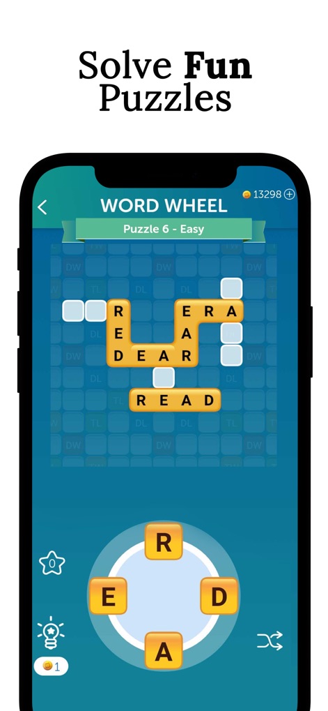 Words With Friends Word Game - Tentez votre chance avec le "Word Wheel", où les utilisateurs assemblent des mots comme "READ" à partir des lettres proposées et utilisent l'icône d'indice pour progresser.