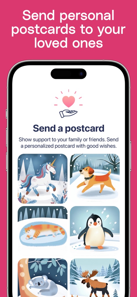 Body Temperature App For Fever - See how users can 'Send a postcard' with various comforting images, fostering connection with loved ones during illness.