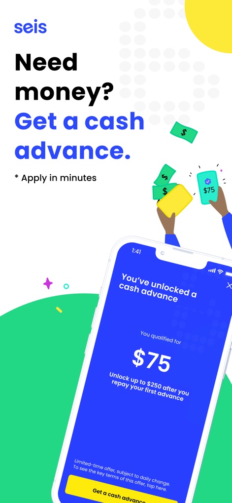 Seis: Mobile Finances - Nutzer erhalten schnell einen Barvorschuss, wie die Anzeige des freigeschalteten Betrags von '$75' auf dem Bildschirm und die Hände mit physischem Bargeld symbolisieren.