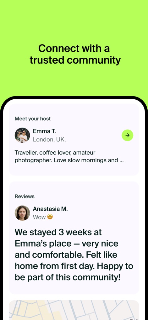 MeetCiao - Sublet Community - ホスト「Emma T.」の詳細なプロフィールと、過去の宿泊者によるレビュー「We stayed 3 weeks at Emma's place – very nice and comfortable」が示されており、信頼性とコミュニティの結びつきを強調しています。