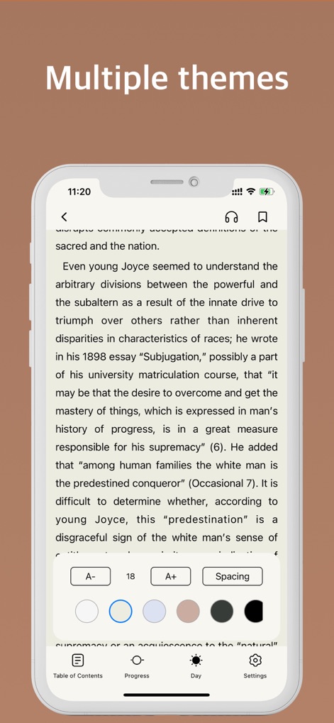 Epub Reader -read epub,chm,txt - Esta herramienta ofrece múltiples temas de lectura, con una paleta de colores para el fondo y opciones de ajuste del tamaño de fuente (A-, A+).