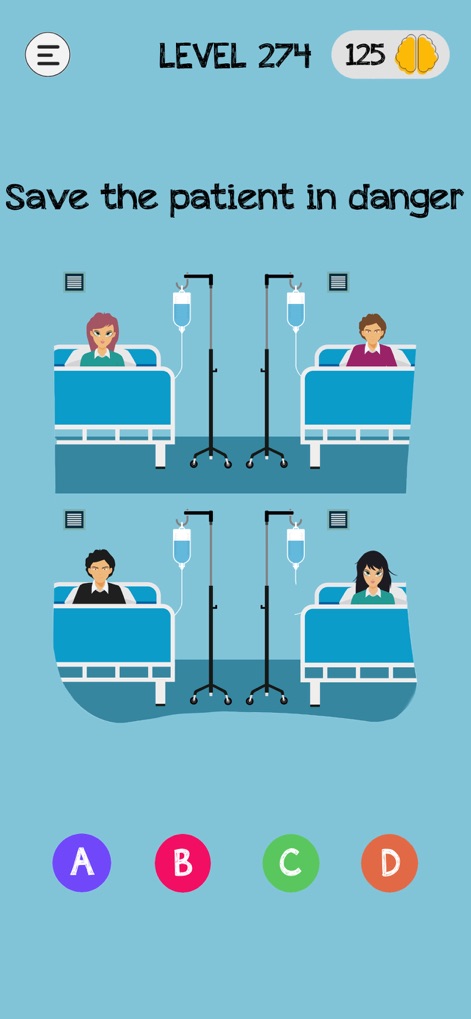 Braindom: Brain Games Test Out - Die Szene präsentiert vier Krankenhausbetten mit Patienten, von denen zwei an Infusionsständer angeschlossen sind, und stellt die Aufgabe, einen Patienten in Gefahr zu retten.