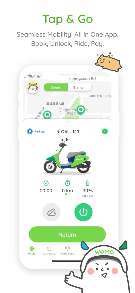 WeMo Scooter - アプリ内でスクーターのエンジン開始やロック解除を直感的なボタンで行え、走行時間やバッテリー残量などの現在の車両状態が一目で把握できます。