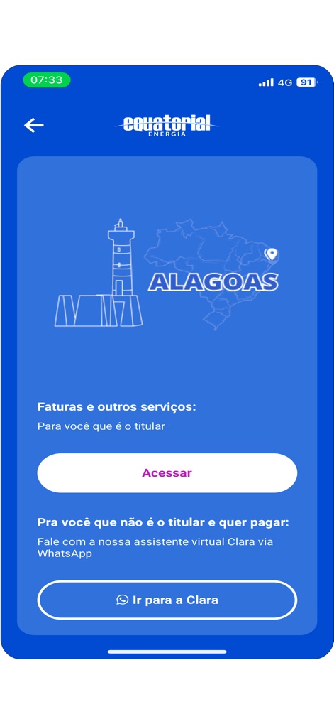 Equatorial Energia - Los usuarios tienen opciones de acceso para titulares o pueden interactuar con la asistente virtual 'Clara' mediante un botón de WhatsApp para consultas de pago.