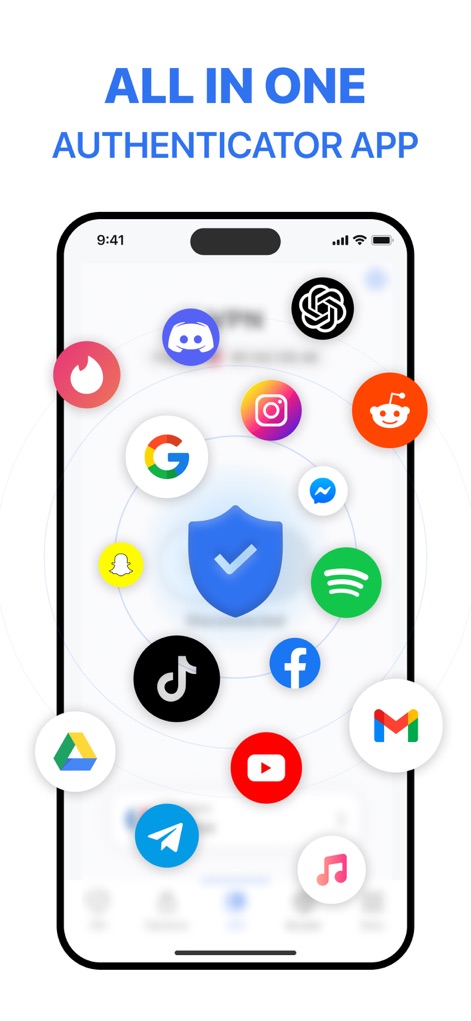 Authenticator ® App - La aplicación se presenta como una solución de seguridad integral, rodeada de iconos de diversas plataformas populares y un escudo central que simboliza su protección abarcadora.