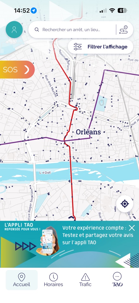 Tao Orléans - L'app offre una mappa dettagliata che visualizza le rotte del trasporto pubblico, inclusa la linea rossa in evidenza, e consente la ricerca di fermate o luoghi tramite la barra in alto.