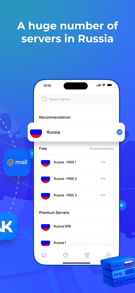 VPN Russia: Just Russian VPN - The app provides a comprehensive server selection interface, allowing users to search for specific locations and choose between clearly categorized free and premium server options.