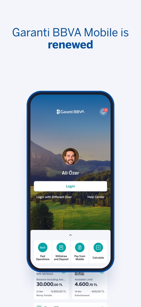 Garanti BBVA Mobile - See how Garanti BBVA Mobile provides a personalized login interface with user profile details and immediate access to key functions like 'Fast Operations' and 'Withdraw and Deposit'.