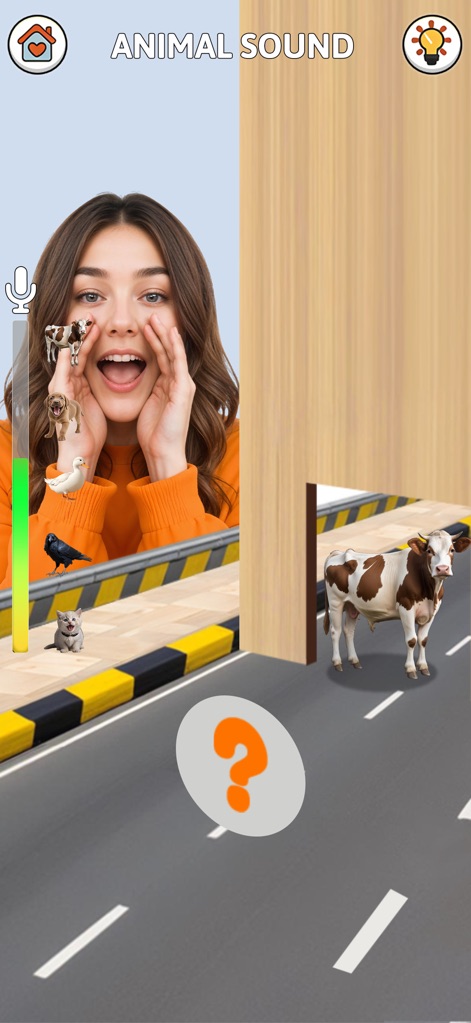 TicTack Challenge: Mini Games - The app showcases its unique "Animal Sound" game where users interact with a microphone icon and identify various animals, like the prominent cow, through sound.
