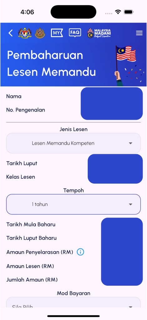 MyJPJ - The 'Pembaharuan Lesen Memandu' interface simplifies driver's license renewals, presenting clear input fields for personal details and options for license type and renewal period.