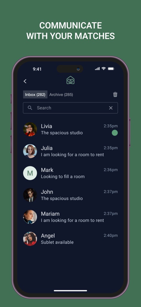 Roomster - 이 앱은 매칭된 상대방과 안전하게 소통할 수 있는 인앱 메시징 기능을 제공하며, 프로필 사진과 메시지 미리보기를 통해 대화 목록을 쉽게 관리할 수 있습니다.