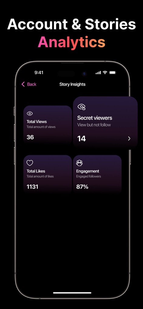 Unfollow Tracker & Reports - Gain valuable insights into story performance with total views and secret viewers metrics, alongside overall engagement rates.