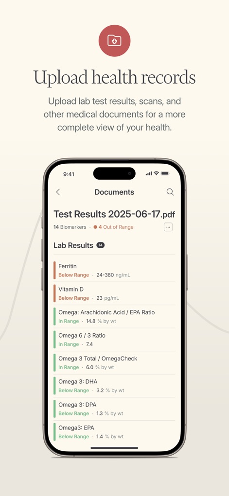 Function Health - Users can securely upload past health documents, such as PDF test results for Ferritin and Vitamin D, consolidating all medical records into one convenient digital location.