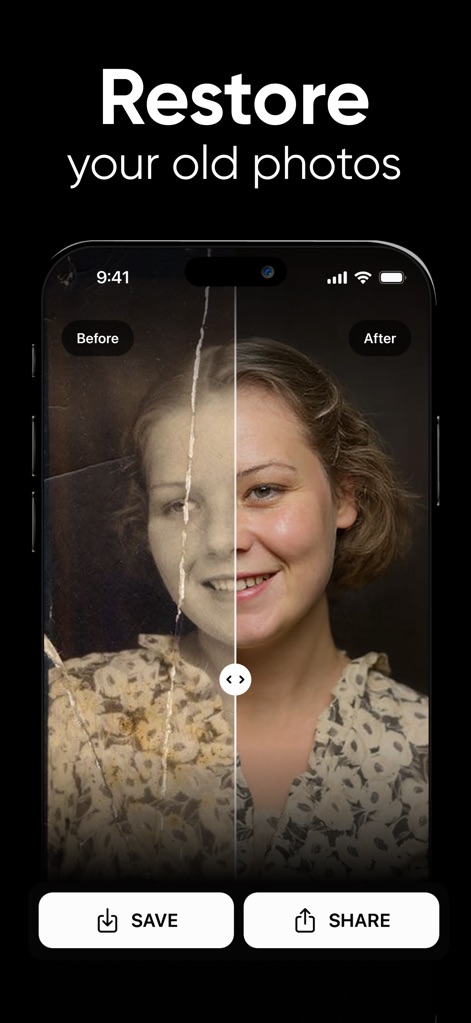 Shots: AI Photo Video Creator - Witness the app's powerful restoration features, allowing users to rejuvenate old, damaged photos into clear, high-resolution portraits with a simple before-and-after slider.