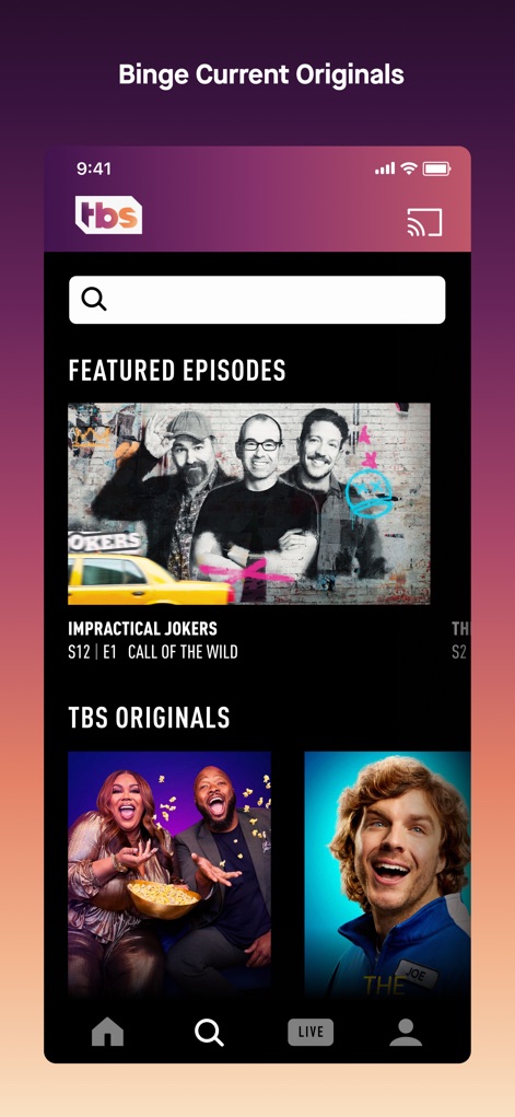 Watch TBS - Discover new content effortlessly using the intuitive search bar and browse curated sections dedicated to 'TBS Originals' like 'Impractical Jokers' and 'Miracle Workers'.