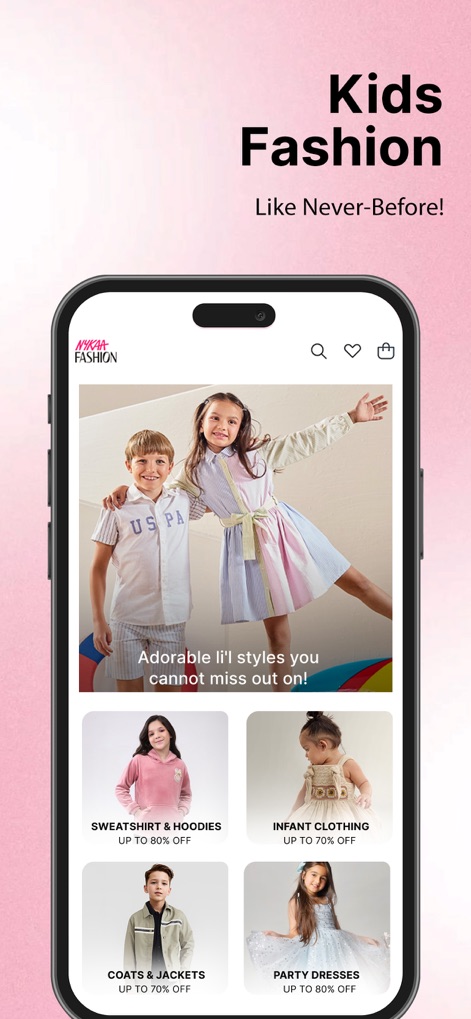 Nykaa Fashion - Shopping App - Die App präsentiert entzückende Kinderbekleidung mit fröhlichen Models, die verschiedene Outfits tragen, ergänzt durch spezifische Kategorien wie "Sweatshirt & Hoodies" mit deutlichen Rabattangaben.