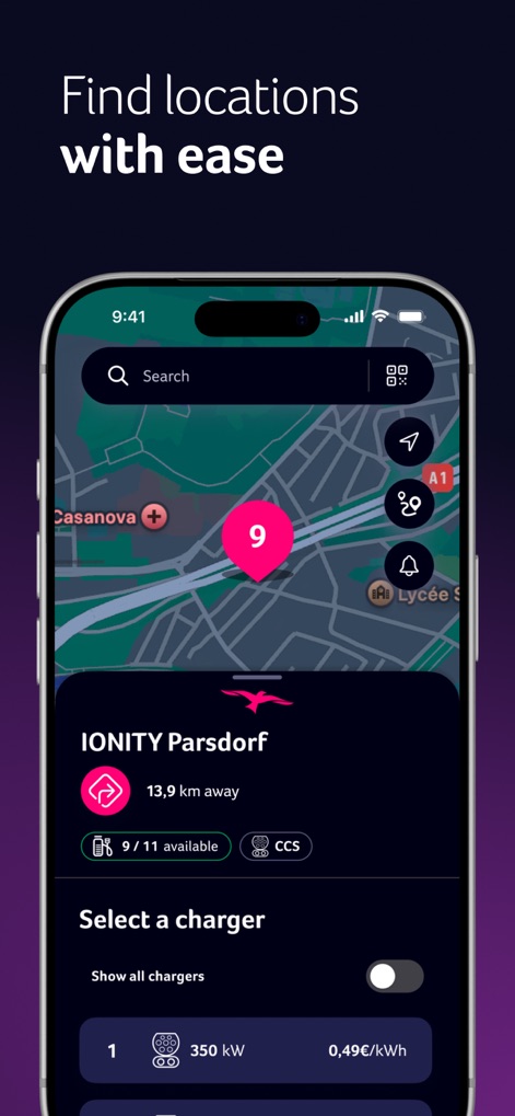 IONITY - 사용자는 지도에서 특정 IONITY 충전소를 선택하여 거리 정보와 같은 세부 사항을 확인하고, 이용 가능한 충전기 수량 및 충전 요금 정보를 한눈에 볼 수 있습니다. (Visual features: 'IONITY Parsdorf' 정보 카드, 지도상의 단일 충전소 핀)