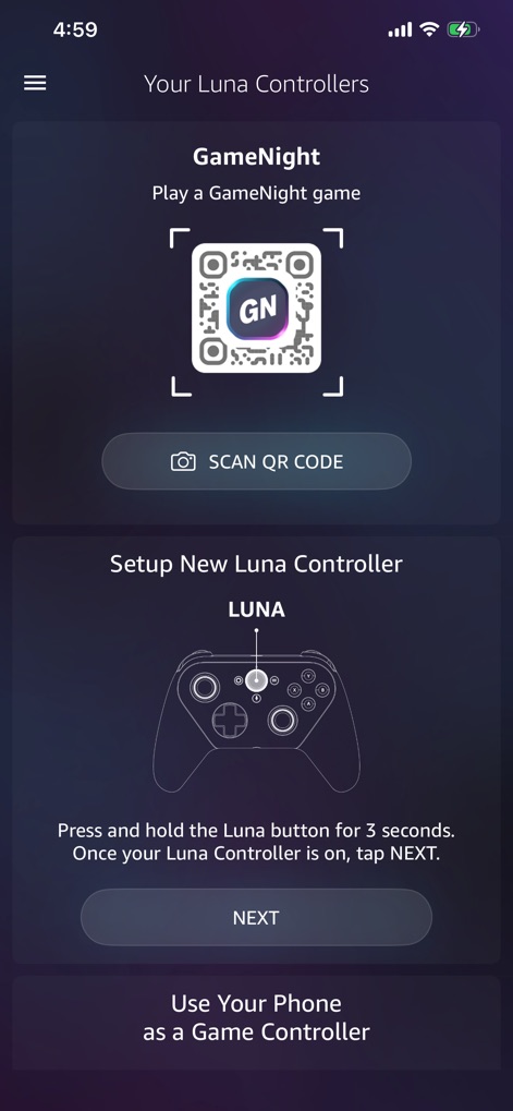 Luna Controller - Gli utenti possono avviare la configurazione di un nuovo Luna Controller, seguendo le istruzioni visive che indicano il pulsante Luna da premere, oppure scegliere l'opzione "Use Your Phone as a Game Controller".