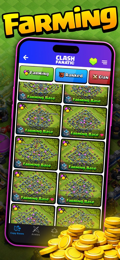 CoC Fanatic for Clash of Clans - Os usuários exploram uma vasta coleção de layouts de bases para farming, projetados para maximizar a coleta de recursos, evidenciando as grades de bases e a aba 'Farming' selecionada.