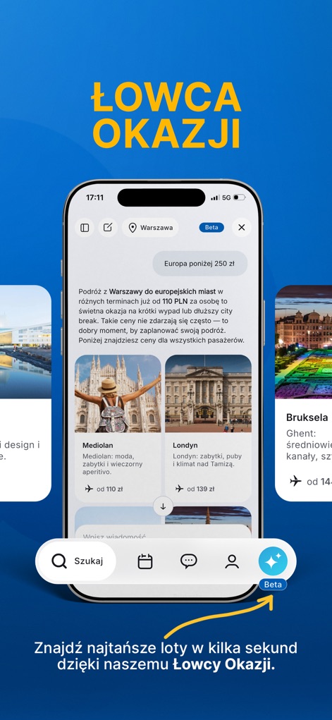 FRU - Tanie loty - Hier wird der „Łowca Okazji“ (Deal Hunter) präsentiert, der Nutzern attraktive Flugangebote für europäische Städte wie „Mediolan“ und „Londyn“ mit Preisen anzeigt.