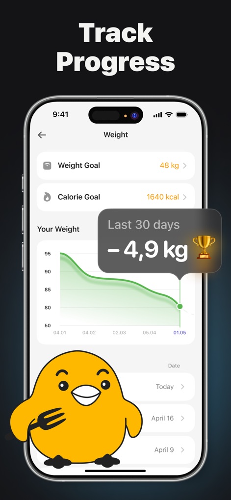 Calz - Calorie Counter AI - Cet écran permet de suivre les progrès en affichant un graphique d'évolution du poids sur 30 jours, accompagné des objectifs personnalisés de poids et de calories pour une motivation continue.