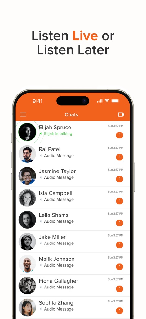 Voxer Walkie Talkie Messenger - Observe the intuitive chat list interface, enabling users to "Listen Live or Listen Later" to audio messages from various contacts.