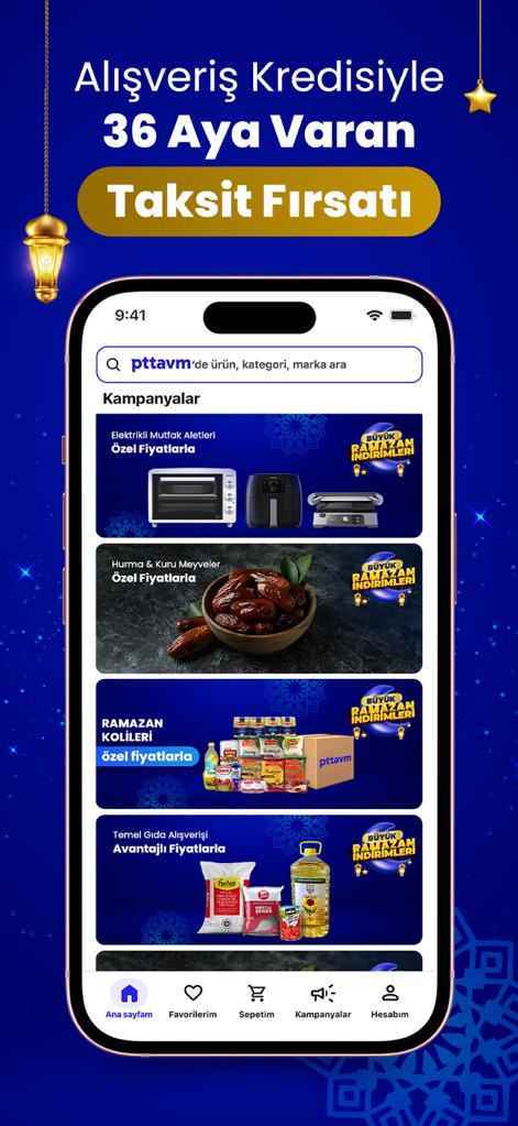 pttavm - Online Alışveriş - La aplicación organiza "Campañas por Categoría" con precios especiales para electrodomésticos o alimentos, ofreciendo además "oportunidades de pago a plazos de hasta 36 meses" con crédito de compras.