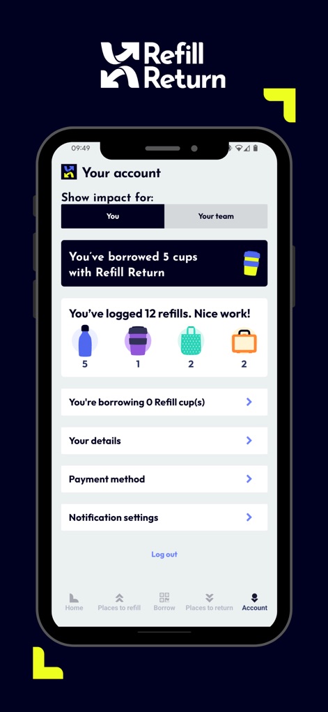 Refill Return - A seção da conta detalha o impacto ambiental do usuário, mostrando estatísticas como 'Você registrou 12 recargas' e opções para gerenciar 'Seus detalhes' e 'Método de pagamento'.