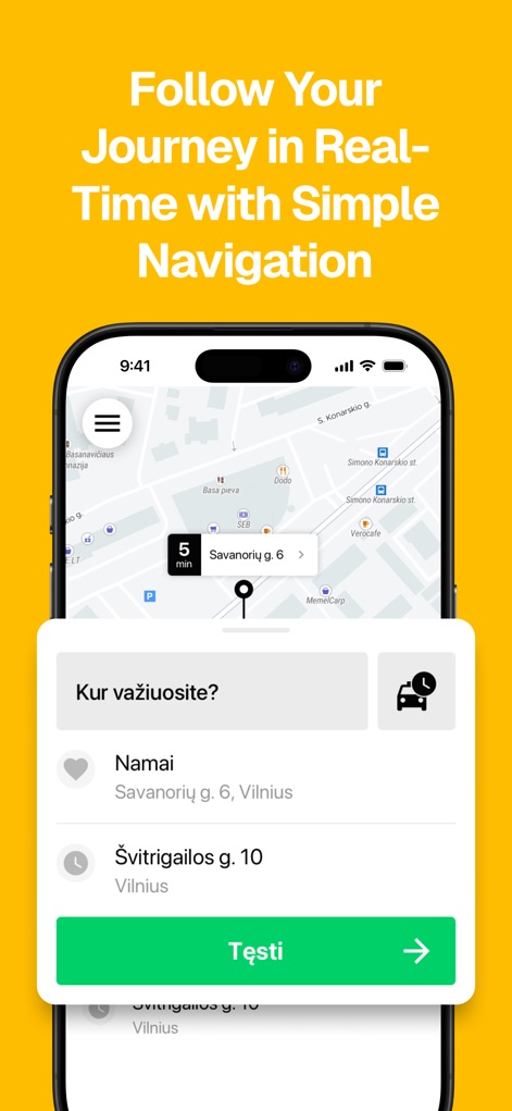 Etransport - Taxi and more - Cette vue révèle une navigation intuitive où les utilisateurs peuvent facilement saisir leur destination et visualiser l'estimation de l'arrivée du véhicule en temps réel.