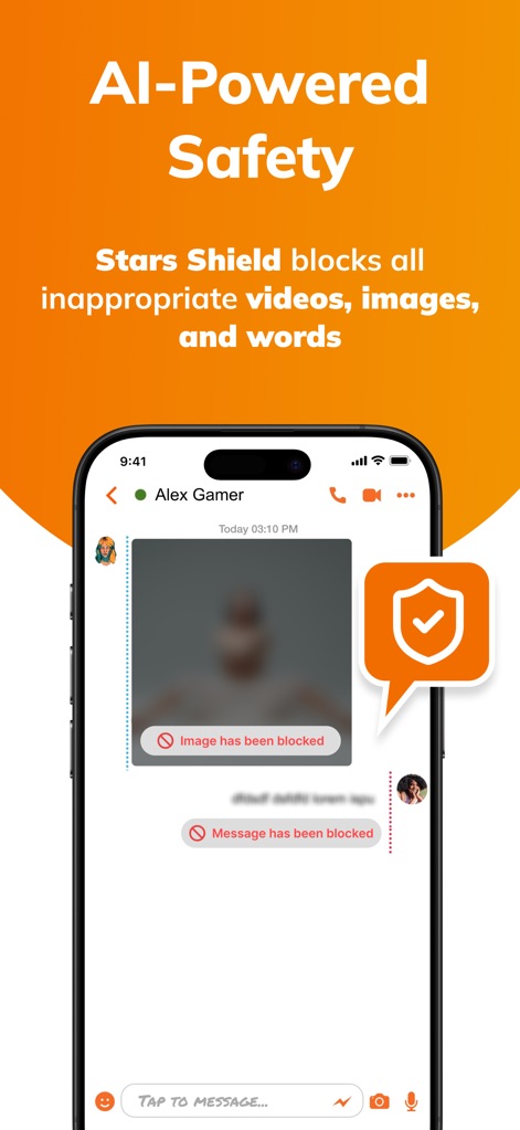 Stars Messenger Kids Safe Chat - Observez le bouclier intelligent de l'application bloquer automatiquement les images inappropriées et les messages non conformes, assurant une communication sécurisée pour les enfants. Cette protection IA offre une tranquillité d'esprit inégalée aux parents.