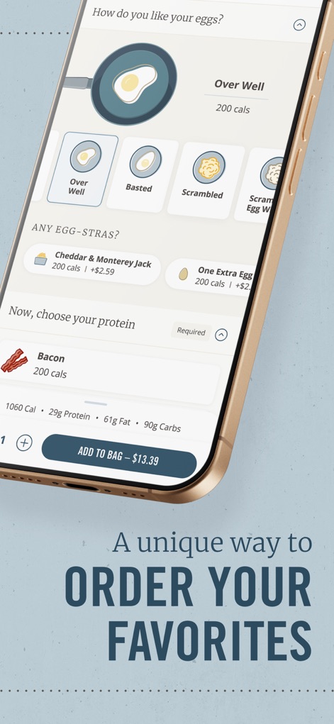 First Watch Mobile App - This intuitive interface allows detailed meal personalization, from choosing "How do you like your eggs?" to adding specific "ANY EGG-STRAS?" options.